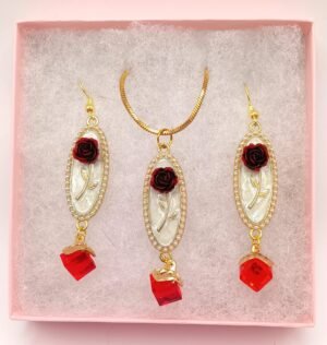 SVG 1 Red Rose on White Background with Red Crystal Drop, Matching Pendant