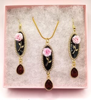 SVG 3 Pink Rose on Black Background with Burgundy Crystal Drop, Matching Pendant