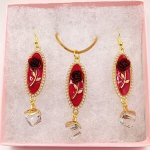 SVG 4 Red Rose on Red Background with White Crystal Drop, Matching Pendant
