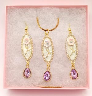 SVG 5 Pale Pink Flower on White Background with Lavender Crystal Drop, Matching Pendant