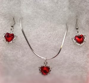 SVG 10 Small Red Heart Crystal, Silver-colored, Earrings and Necklace on 18" Chain