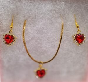 SVG 11 Small Red Heart Crystal, Gold-colored, Earrings and Necklace on 18" Chain