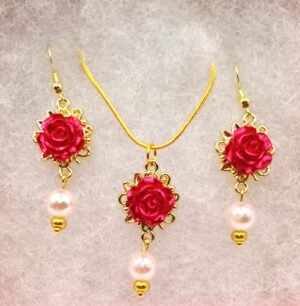 SVG 9 Large Red Rose with Pink Dangle, Earrings and Necklace on 18" Chain