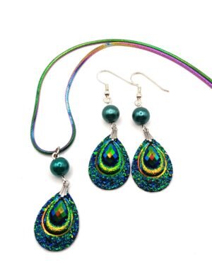 GGS 14 - Peacock-colored earrings with matching necklace on 18" chain