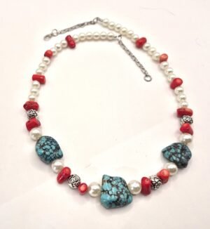 N 15 - Large Turquoise Nuggets, Silver Balls, Red Bamboo Coral, Faux Pearls