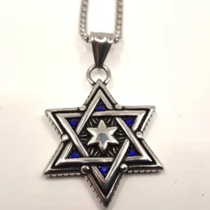 SRJ 8 Stainless Steel Star of David with Blue Background, 1” x 1”, 24” chain