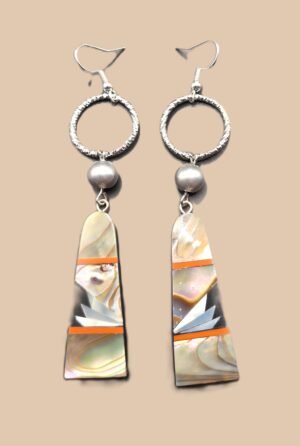 E 59 - Abalone, Mother of Pearl, Red Jasper Mosaic Long Drops