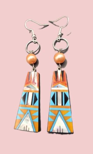 E 60 - Turquoise, Abalone, Red Coral Mosaic Long Drops