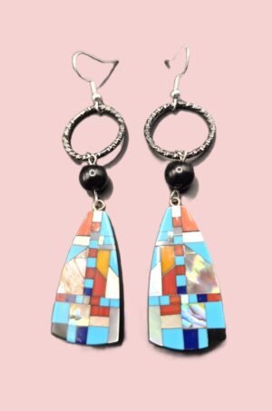 E 61 - Turquoise, Abalone, Coral, Jasper Mosaic Long Drops
