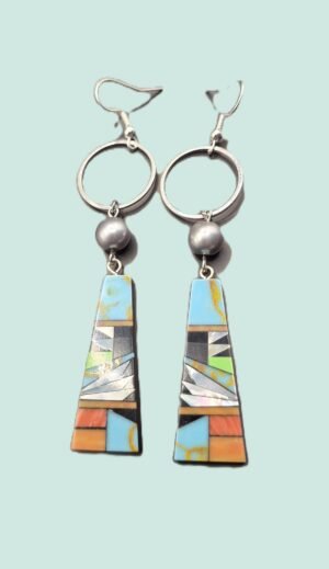 E 62 - Turquoise, Coral, Jasper, Mother of Pearl Mosaic Long Drops